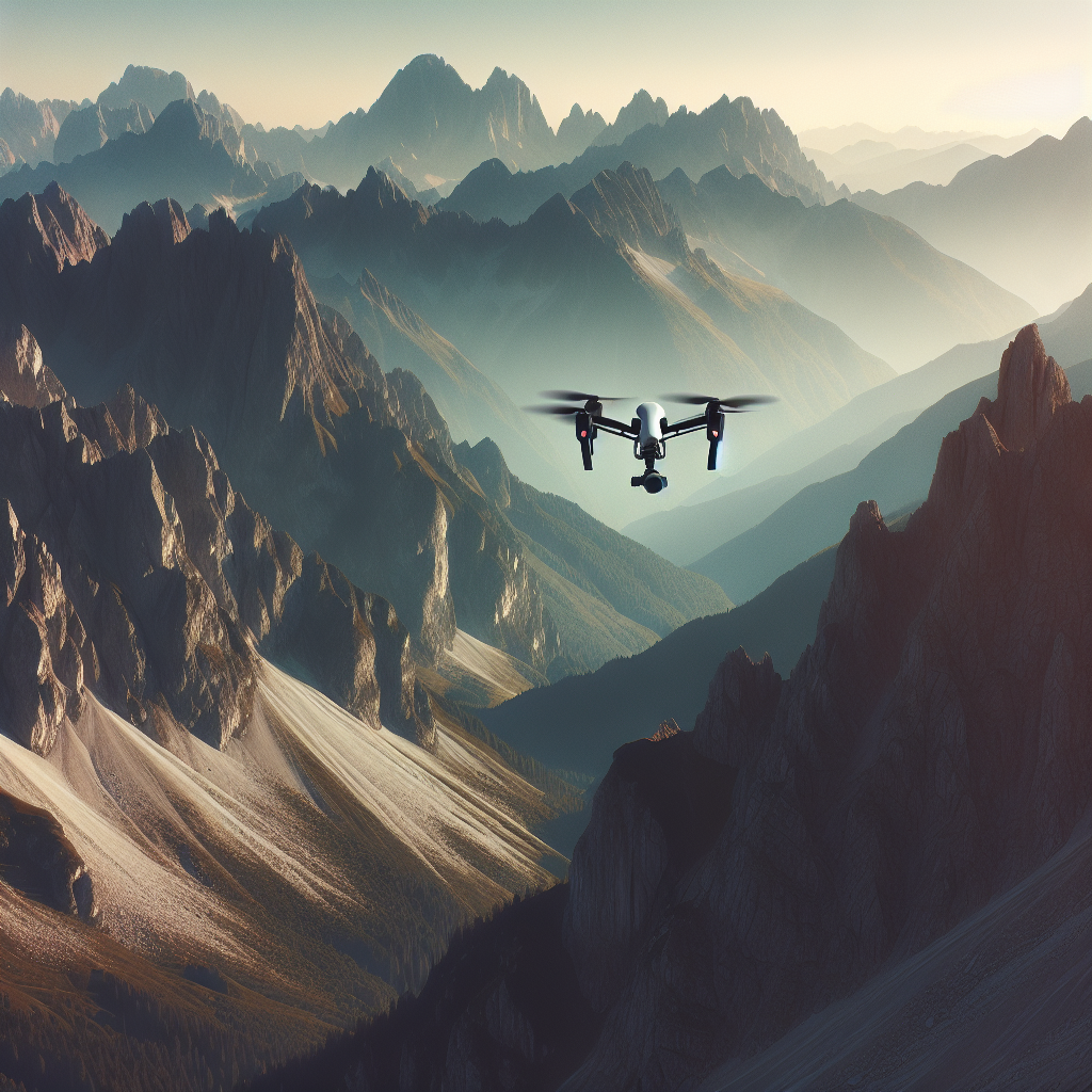 flying drone in mountains